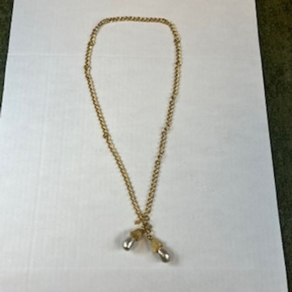Vintage Sarah Coventry Gold Tone Faux Baroque Pearl Tassel Lariat Necklace 34"